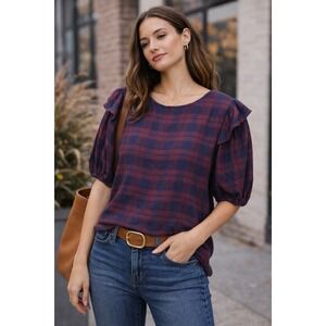 American Eagle Ruffle Puff Sleeve Top Size M Plaid Cozy Soft Academia Cottage